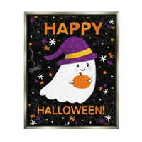 Stupell Industries Happy Halloween Happy Ghost Graphic Art Luster szürke úszó keretes vászon nyomtatott fali művészet, Emily