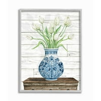 Stupell Industries Tulip Bouquet kék kerámia váza fehér virágtervezés keretezett fali művészet, Cindy Jacobs, 11 14