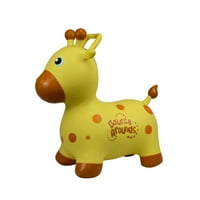A cipzáras játékok a sárga felfújható zsiráf körül ugrálnak -hónapok és felfelé