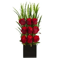 Szinte természetes, elegáns rózsa mesterséges elrendezés fekete vázában, piros