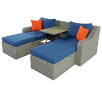 3 darabos teraszos fonott kanapé párnákkal, párnákkal, oszmánokkal és emelő felső dohányzóasztal, kék
