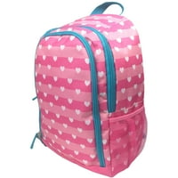 A gyerekek hátizsákkal utaznak, rózsaszín szívmintás