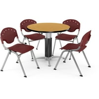 Core Collection Breakroom Bundle, 42 kerek fém háló alap többcélú asztal tölgyben, Rico egymásra rakó székek lime zöldben